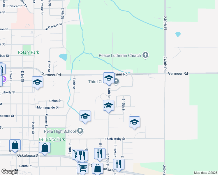 map of restaurants, bars, coffee shops, grocery stores, and more near 801 East 13th Street in Pella