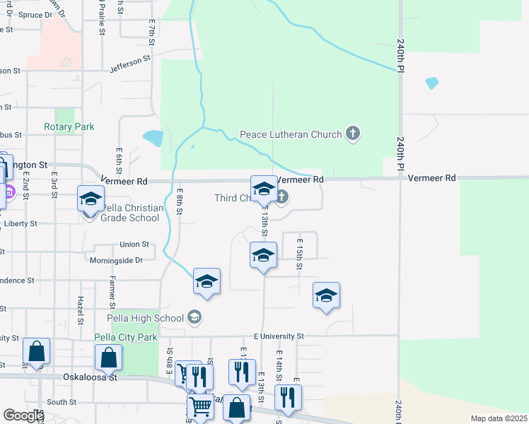 map of restaurants, bars, coffee shops, grocery stores, and more near 801 East 13th Street in Pella