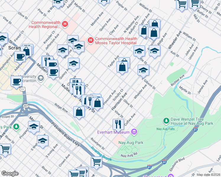 map of restaurants, bars, coffee shops, grocery stores, and more near 548 North Irving Avenue in Scranton
