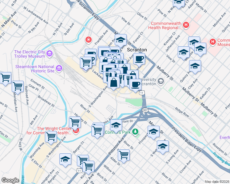 map of restaurants, bars, coffee shops, grocery stores, and more near 520 Lackawanna Avenue in Scranton