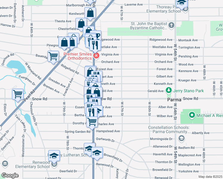 map of restaurants, bars, coffee shops, grocery stores, and more near 6902 Gerald Avenue in Parma