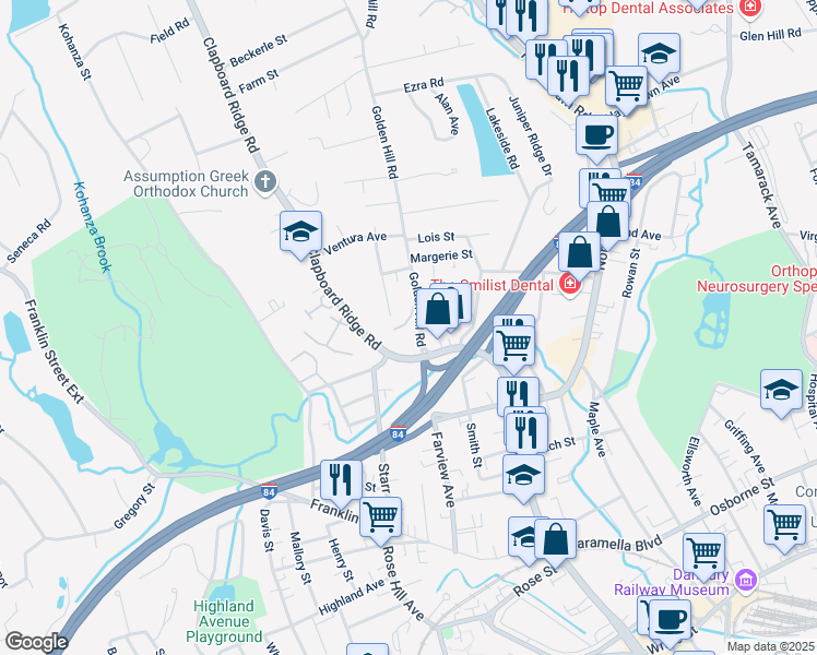 map of restaurants, bars, coffee shops, grocery stores, and more near 6 Golden Hill Road in Danbury