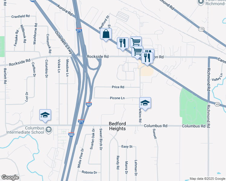 map of restaurants, bars, coffee shops, grocery stores, and more near 24980 Price Road in Bedford Heights