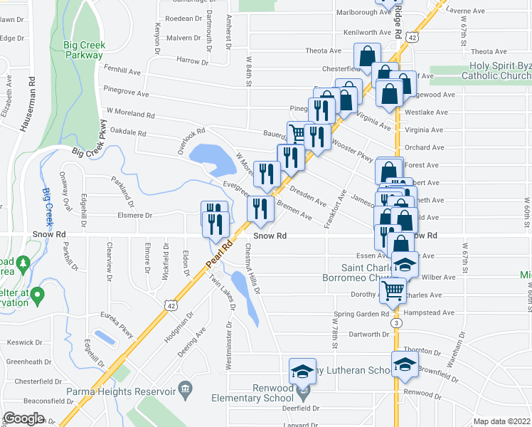 map of restaurants, bars, coffee shops, grocery stores, and more near 5747 Pearl Road in Parma