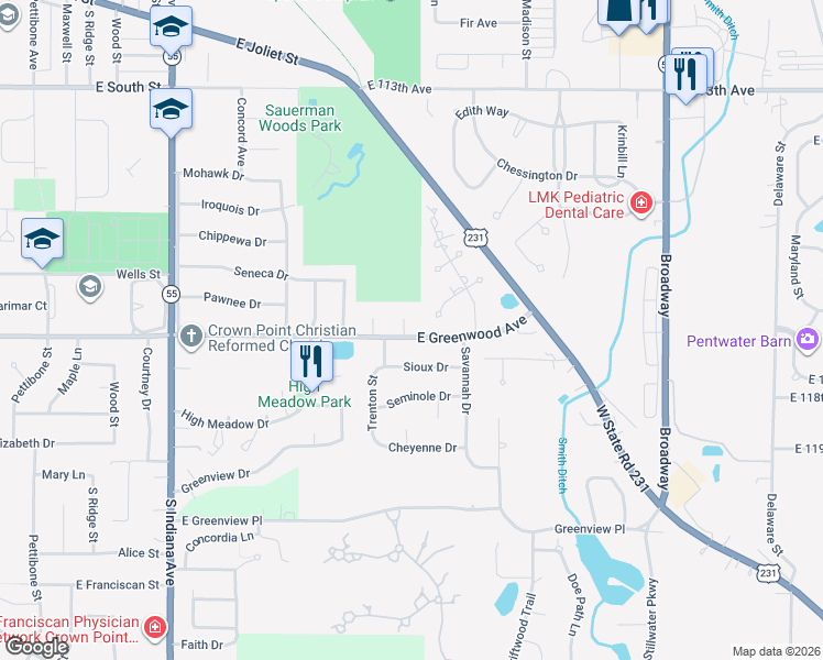 map of restaurants, bars, coffee shops, grocery stores, and more near 1140 East Greenwood Avenue in Crown Point