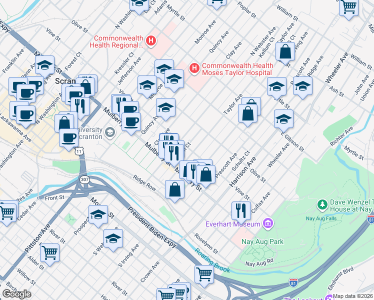 map of restaurants, bars, coffee shops, grocery stores, and more near 1219 Vine Street in Scranton