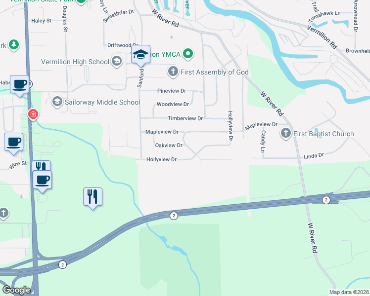 map of restaurants, bars, coffee shops, grocery stores, and more near 1510 Forestview Drive in Vermilion