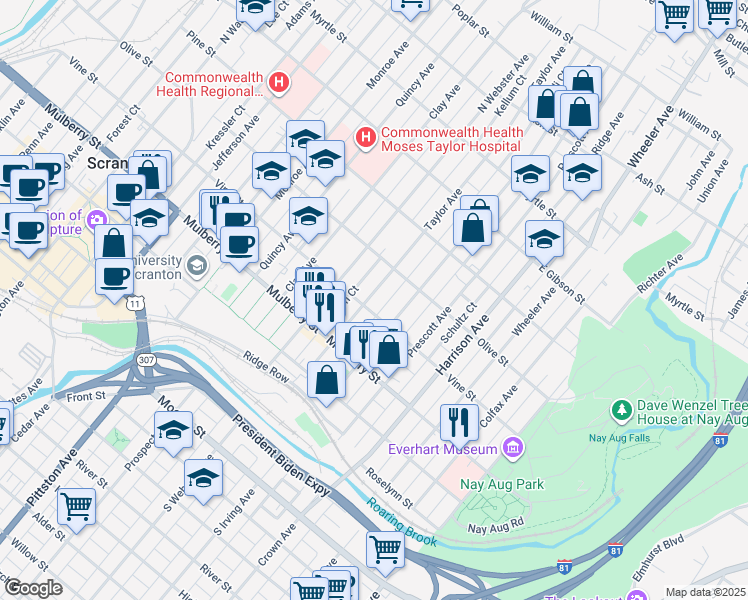map of restaurants, bars, coffee shops, grocery stores, and more near 519 Buenzli Court in Scranton
