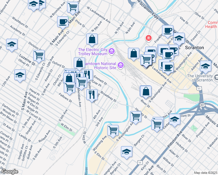 map of restaurants, bars, coffee shops, grocery stores, and more near 306 Emmett Street in Scranton