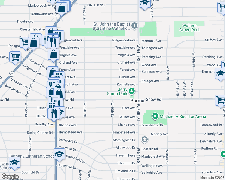 map of restaurants, bars, coffee shops, grocery stores, and more near 5814 Gerald Avenue in Parma