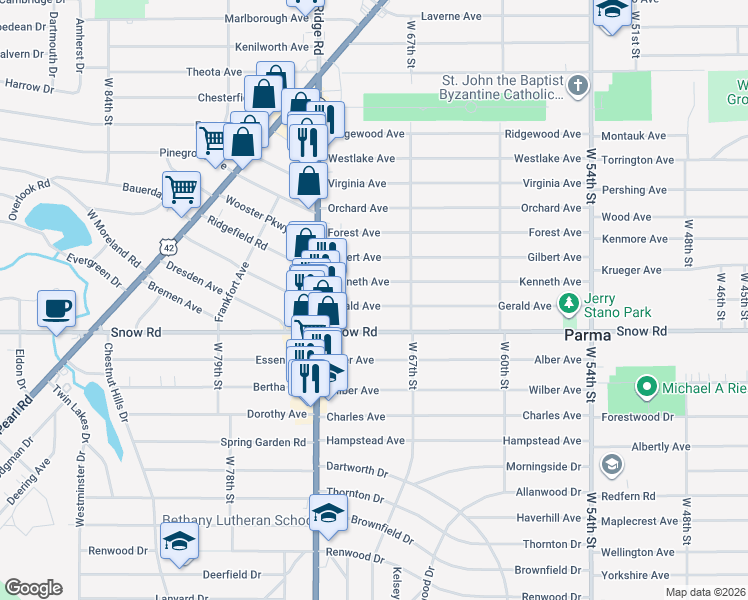 map of restaurants, bars, coffee shops, grocery stores, and more near 6902 Gerald Avenue in Parma