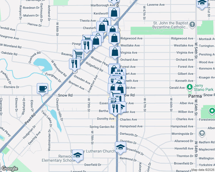 map of restaurants, bars, coffee shops, grocery stores, and more near 7507 Jameson Avenue in Parma