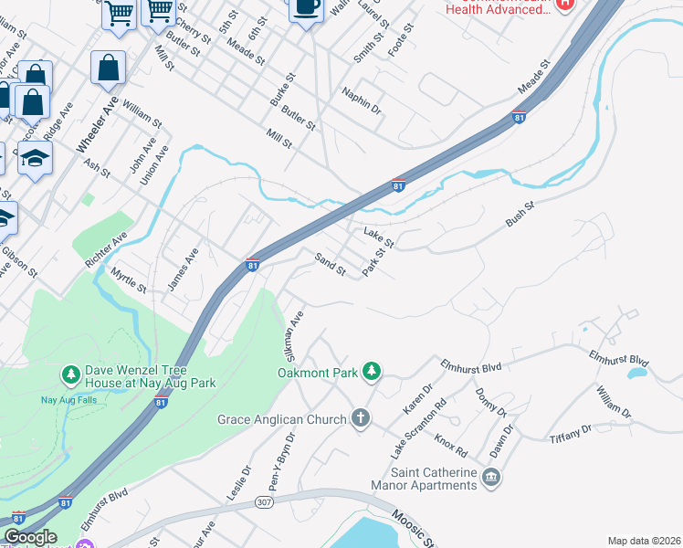 map of restaurants, bars, coffee shops, grocery stores, and more near 206 Sand And Kurtz Sts in Scranton