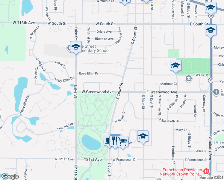 map of restaurants, bars, coffee shops, grocery stores, and more near 220 West Greenwood Avenue in Crown Point