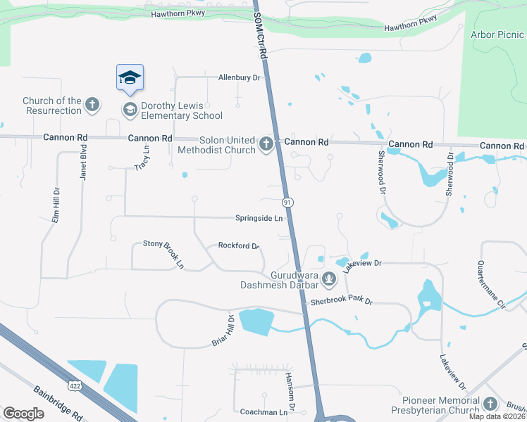 map of restaurants, bars, coffee shops, grocery stores, and more near 33077 Springside Lane in Solon