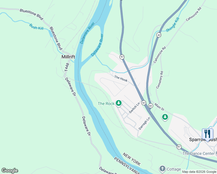 map of restaurants, bars, coffee shops, grocery stores, and more near 35 Delaware Drive in Sparrow Bush