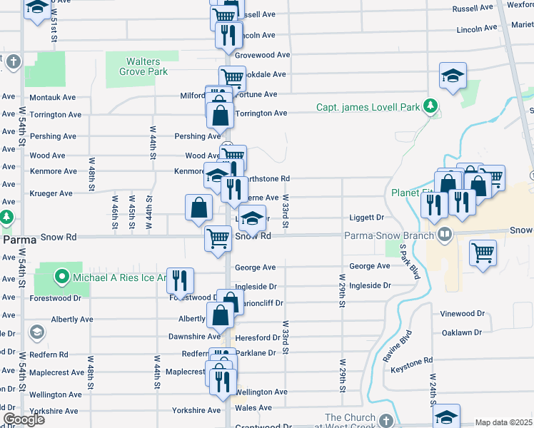 map of restaurants, bars, coffee shops, grocery stores, and more near 3326 Liggett Drive in Parma