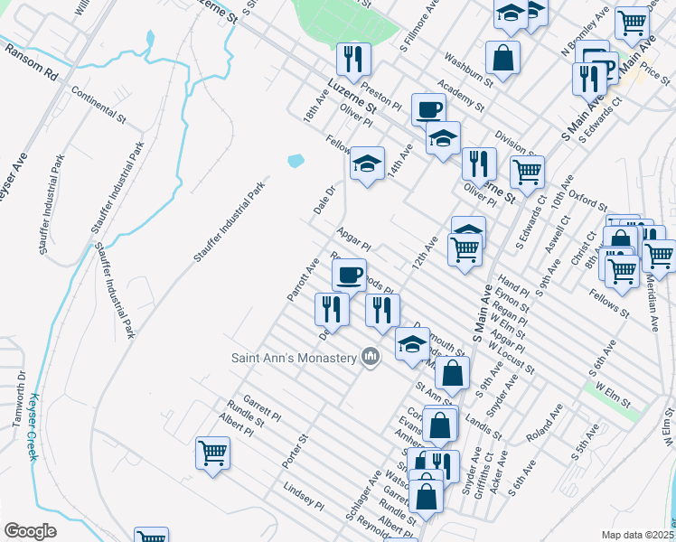 map of restaurants, bars, coffee shops, grocery stores, and more near 1424 Dartmouth Street in Scranton
