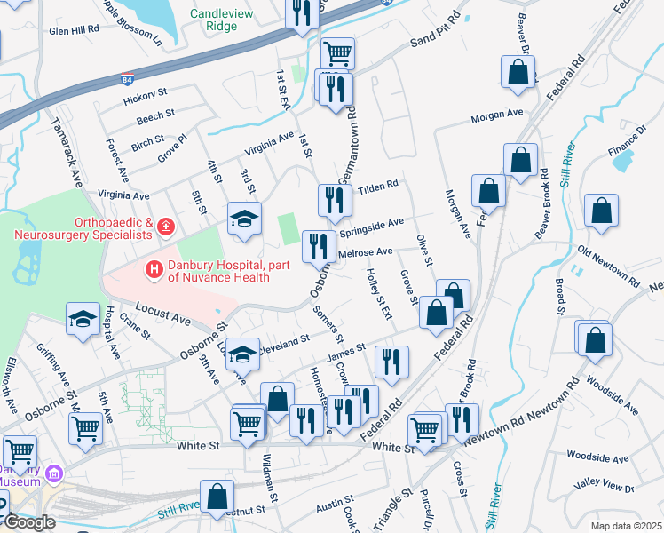 map of restaurants, bars, coffee shops, grocery stores, and more near 182 Osborne Street in Danbury