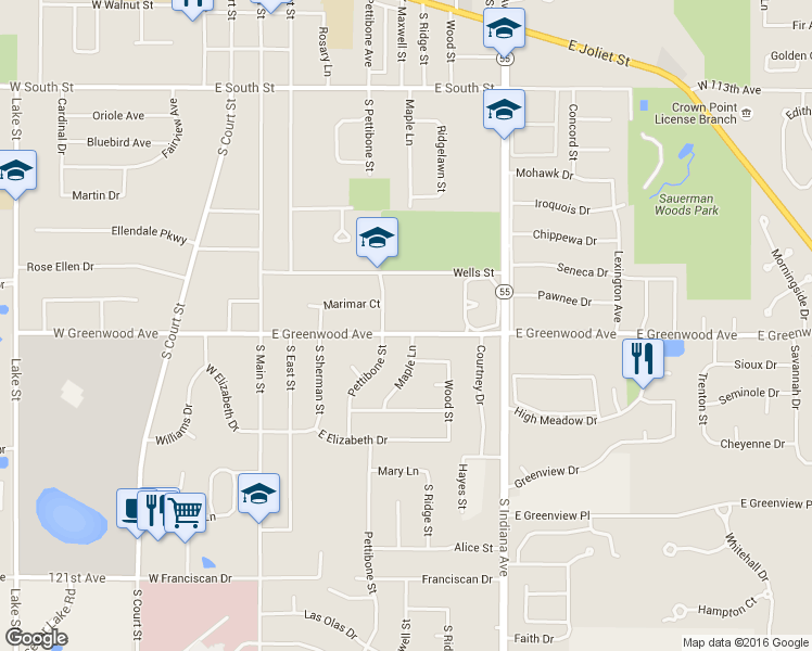 map of restaurants, bars, coffee shops, grocery stores, and more near 312 East Greenwood Avenue in Crown Point