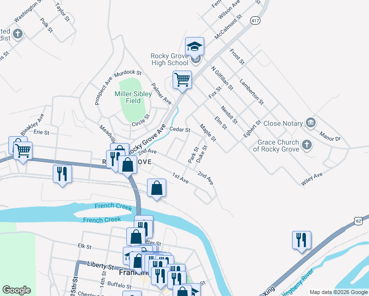 map of restaurants, bars, coffee shops, grocery stores, and more near 45 Venango Street in Franklin
