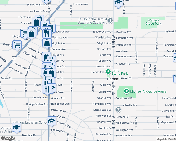 map of restaurants, bars, coffee shops, grocery stores, and more near 6106 Gerald Ave in Parma