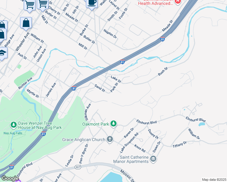 map of restaurants, bars, coffee shops, grocery stores, and more near 302 Erie Street in Scranton