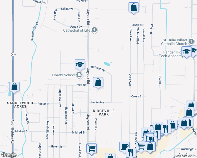 map of restaurants, bars, coffee shops, grocery stores, and more near 5709 Paula Boulevard in North Ridgeville