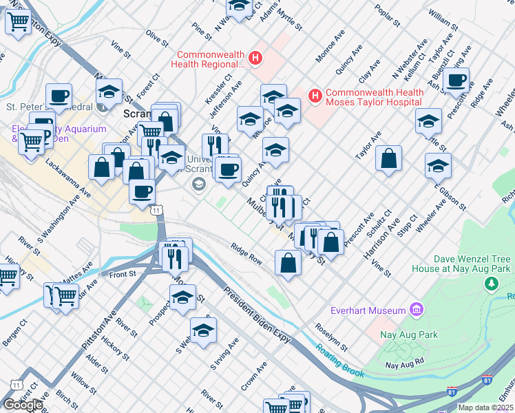 map of restaurants, bars, coffee shops, grocery stores, and more near Mulberry St & Clay Ave in Scranton