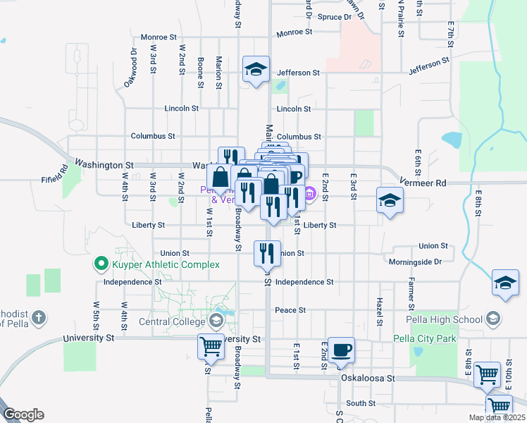 map of restaurants, bars, coffee shops, grocery stores, and more near 717 Main Street in Pella