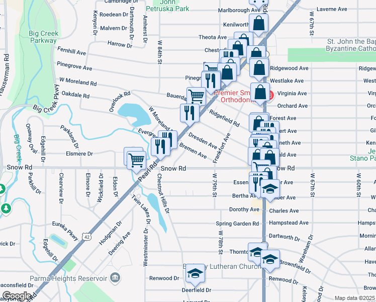 map of restaurants, bars, coffee shops, grocery stores, and more near 5727 Bavaria Avenue in Parma