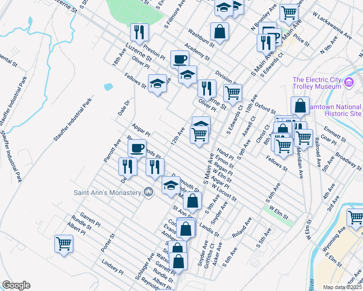 map of restaurants, bars, coffee shops, grocery stores, and more near 1170 W Elm St in Scranton