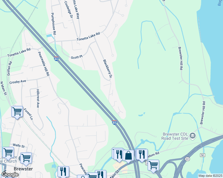 map of restaurants, bars, coffee shops, grocery stores, and more near 406 Village Drive in Brewster