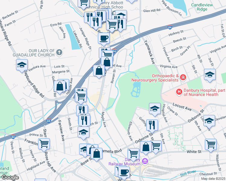 map of restaurants, bars, coffee shops, grocery stores, and more near 33 Rowan Street in Danbury