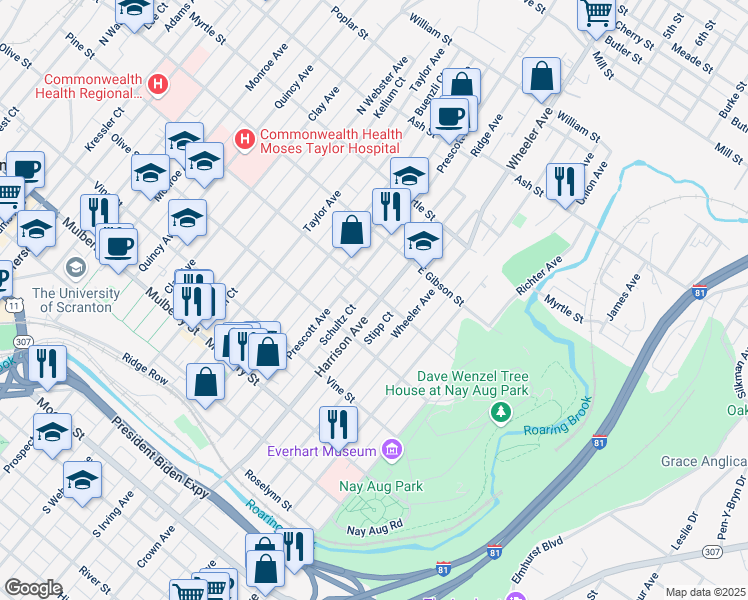 map of restaurants, bars, coffee shops, grocery stores, and more near 1522 Pine St in Scranton