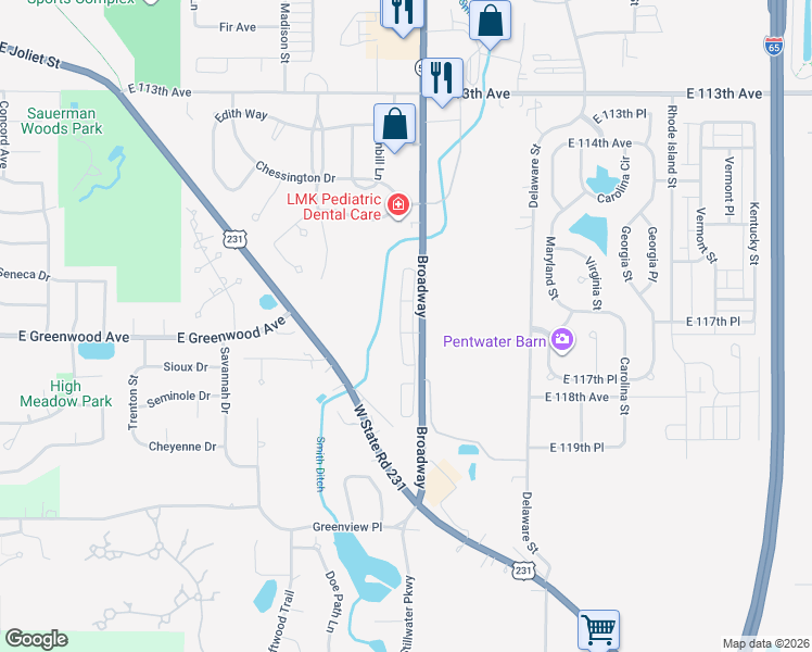 map of restaurants, bars, coffee shops, grocery stores, and more near 11690 Broadway in Crown Point