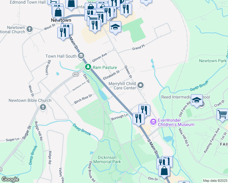 map of restaurants, bars, coffee shops, grocery stores, and more near 22 South Main Street in Newtown
