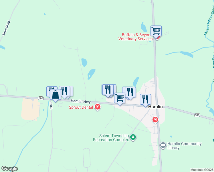 map of restaurants, bars, coffee shops, grocery stores, and more near 581A Hamlin Highway in Lake Ariel