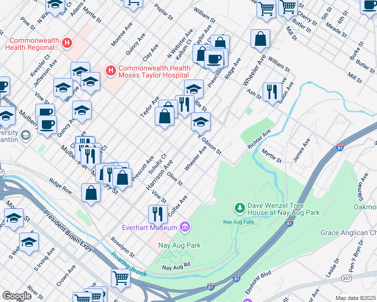 map of restaurants, bars, coffee shops, grocery stores, and more near 719 Wheeler Avenue in Scranton