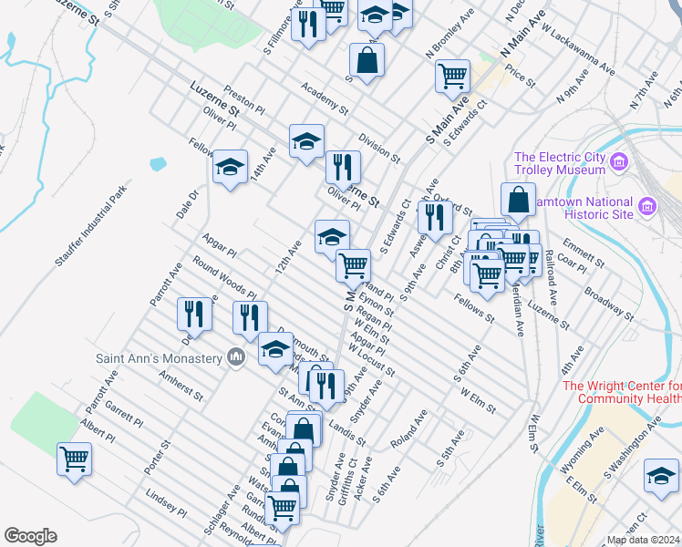 map of restaurants, bars, coffee shops, grocery stores, and more near 1129 Eynon Street in Scranton
