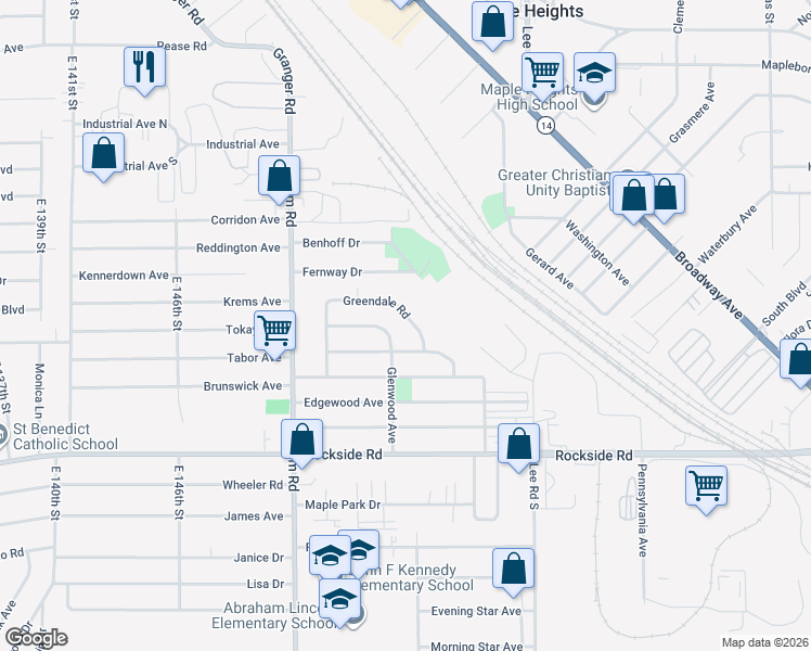 map of restaurants, bars, coffee shops, grocery stores, and more near 15605 Glenwood Avenue in Maple Heights