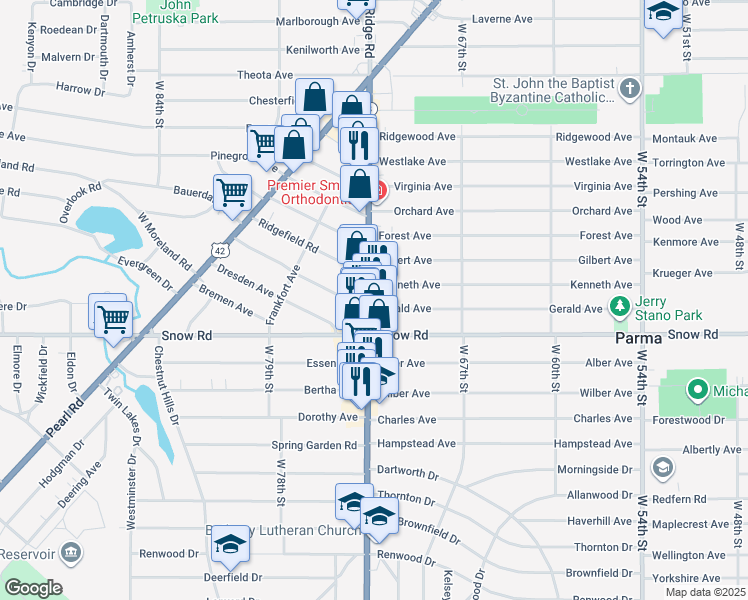 map of restaurants, bars, coffee shops, grocery stores, and more near 5758 Ridge Road in Parma
