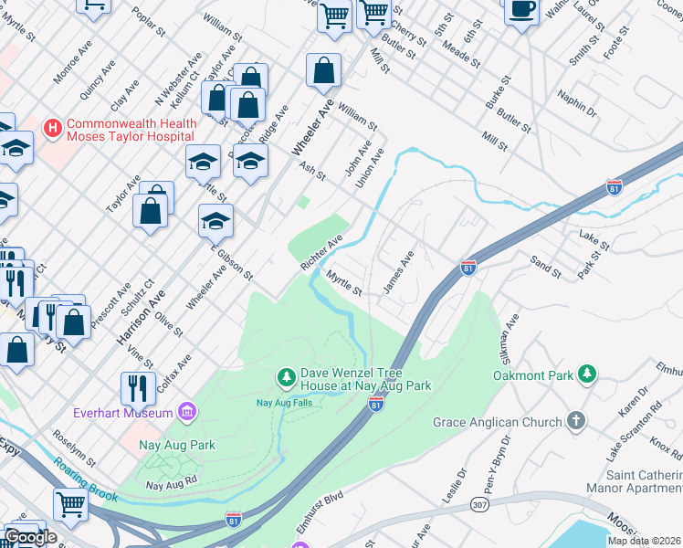 map of restaurants, bars, coffee shops, grocery stores, and more near 1900-1940 Myrtle St in Scranton