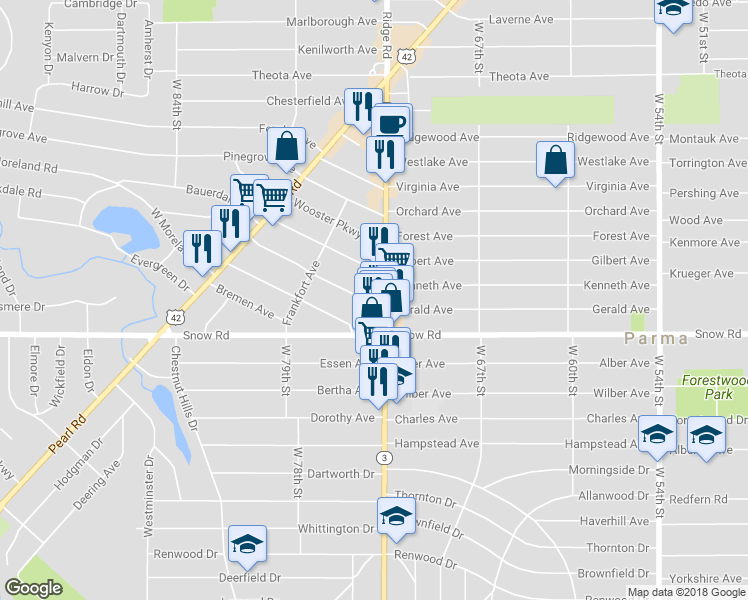 map of restaurants, bars, coffee shops, grocery stores, and more near 5758 Ridge Road in Parma