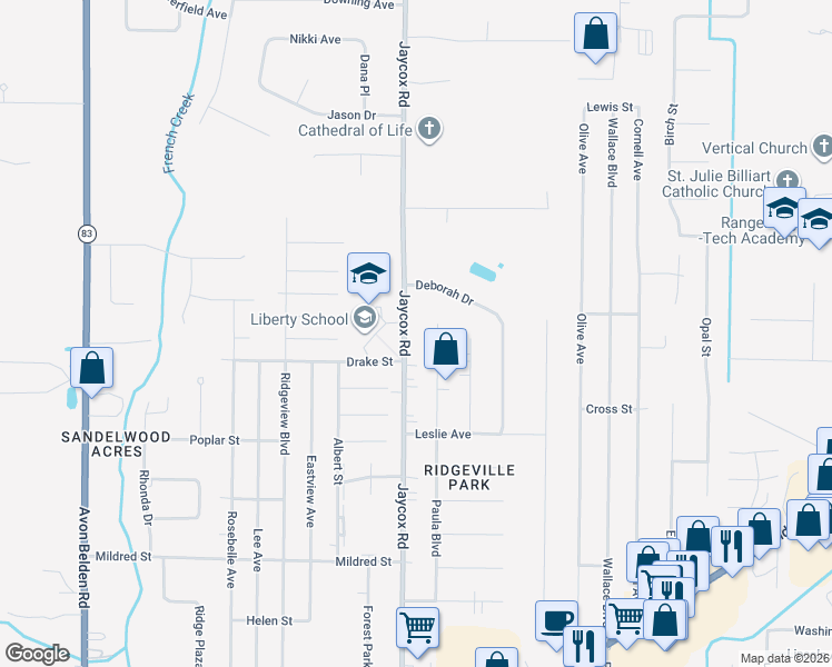 map of restaurants, bars, coffee shops, grocery stores, and more near 5711 Jaycox Road in North Ridgeville