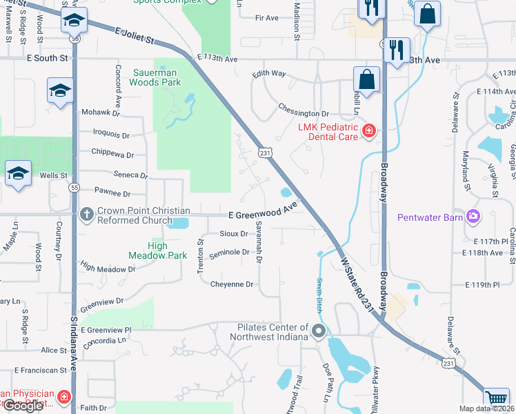 map of restaurants, bars, coffee shops, grocery stores, and more near 655 Morningside Drive in Crown Point