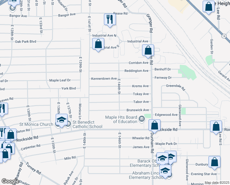 map of restaurants, bars, coffee shops, grocery stores, and more near 14511 Tokay Avenue in Maple Heights