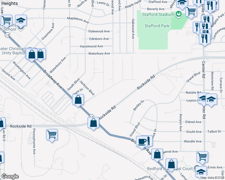 map of restaurants, bars, coffee shops, grocery stores, and more near 128 Greencroft Road in Bedford