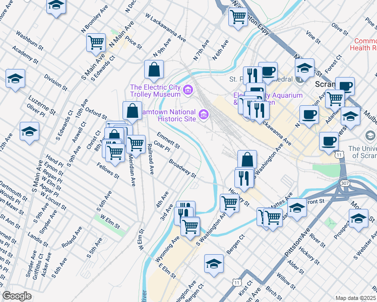map of restaurants, bars, coffee shops, grocery stores, and more near 306 Emmett Street in Scranton
