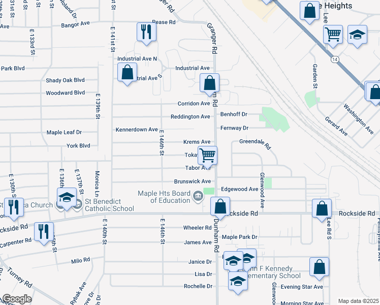 map of restaurants, bars, coffee shops, grocery stores, and more near 14903 Tokay Avenue in Maple Heights